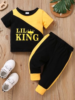 2pcs Adorable Baby Boys' Color Block T-Shirt and Pants Set - Perfect for Your Little King