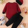 Waffle Bear Embroidery Cute Outfit Toddler Baby Boys Clothes Long Sleeve Triangle Romper +Casual Trousers + Hat Set For Fall Winter