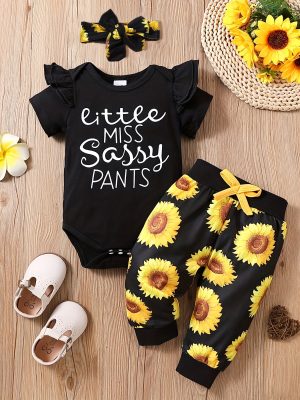 Adorable Baby Girl's Romper Set with Fly Sleeves, Sunflower Print Pants, and Bow Headband